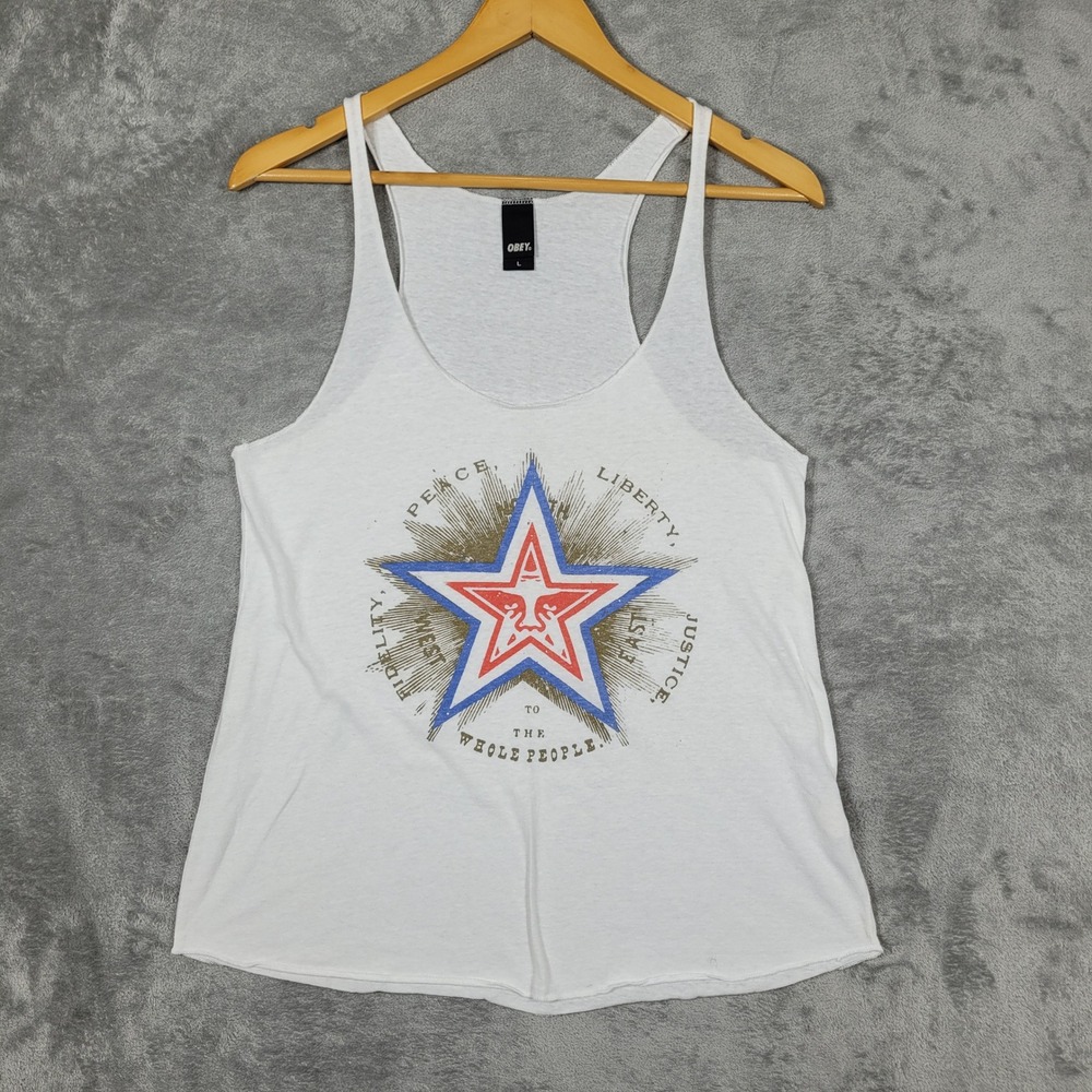Obey Tank Top Men Large White Star Graphic Racerback Tri-Blend Streetwear USA